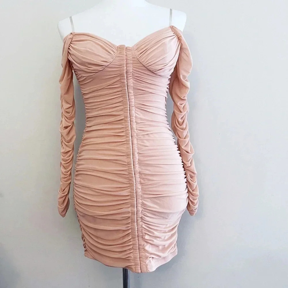 Privy brand ruched dress pink coquette Barbiecore off the shoulder wedding guest